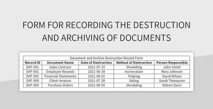 Document Destruction And Archiving Record Form Excel | Template Free ...