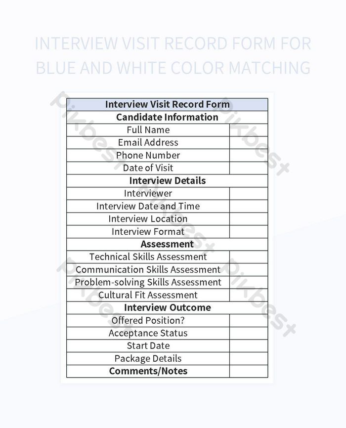 Interview Visit Record Form For Blue And White Color Matching Excel ...