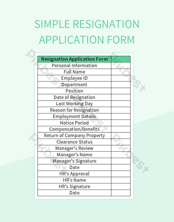 Simple Resignation Application Form Excel | Template Free Download ...